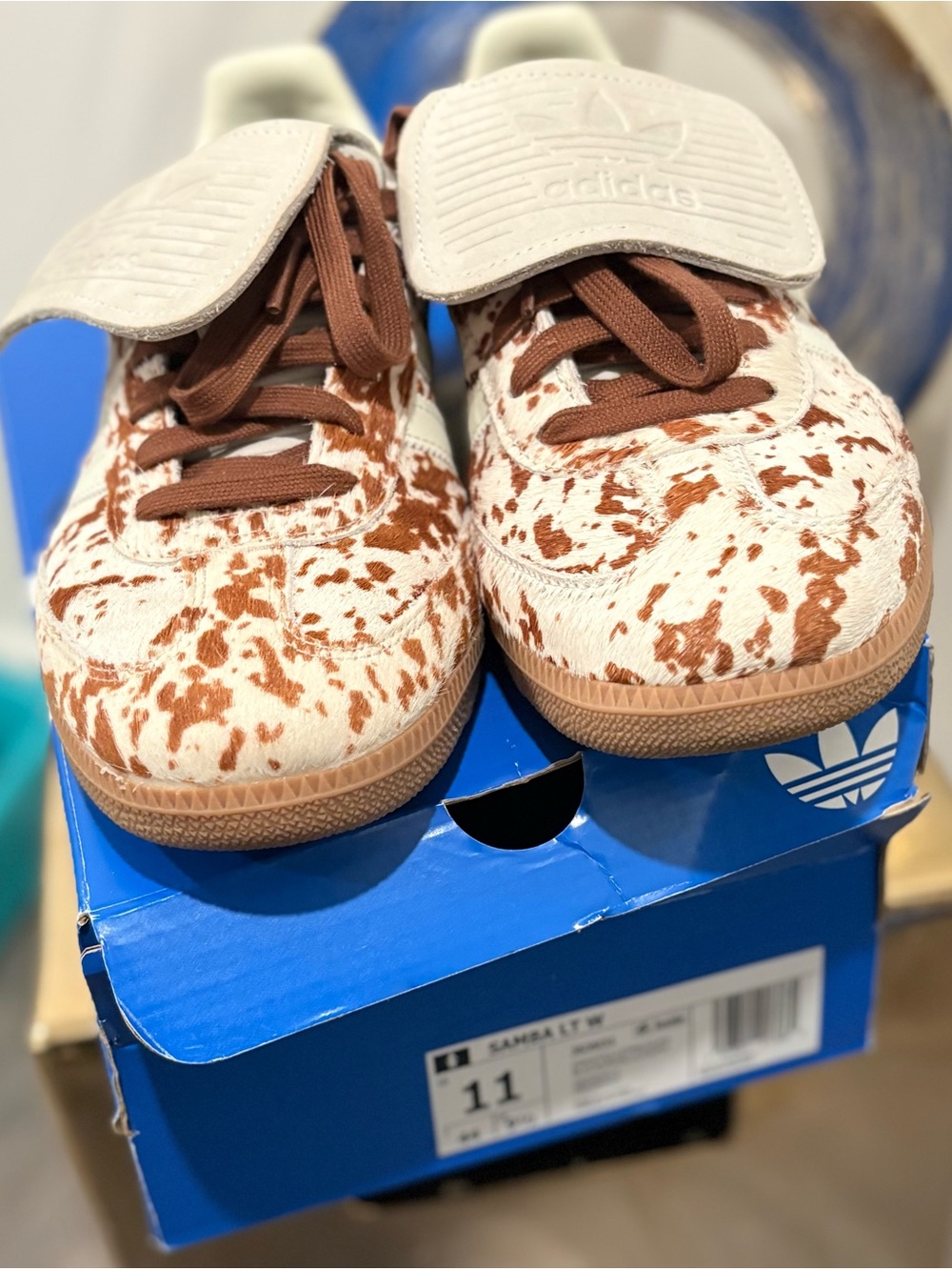 adidas Brown and White Cow-Print Lace-Up Sneakers - Picture 4 of 5